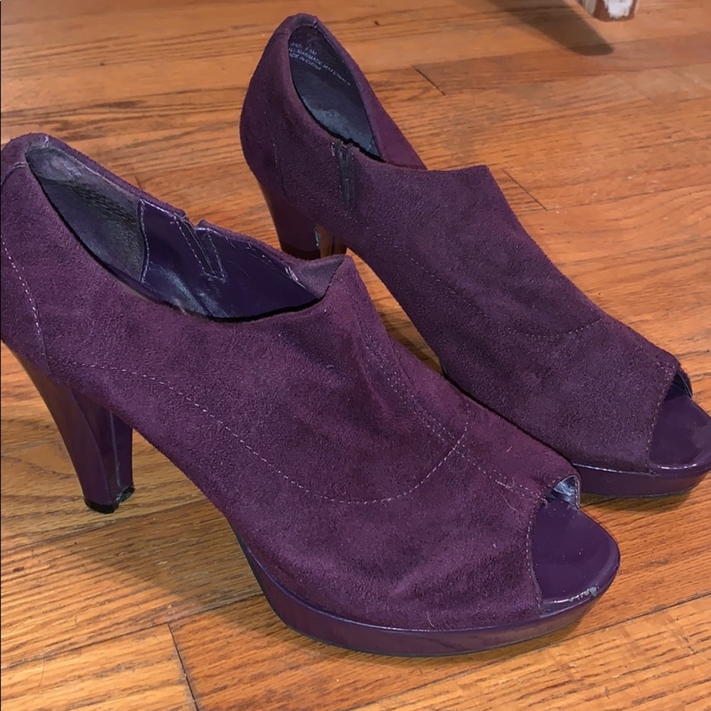 Purple suede peep toe heels
